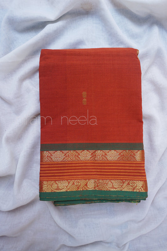 Orange and green Kanjivaram cotton saree - Niram Neela