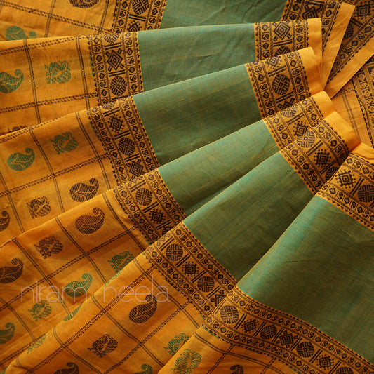 Yellow and green aayiram butta Kanjivaram cotton saree - Niram Neela