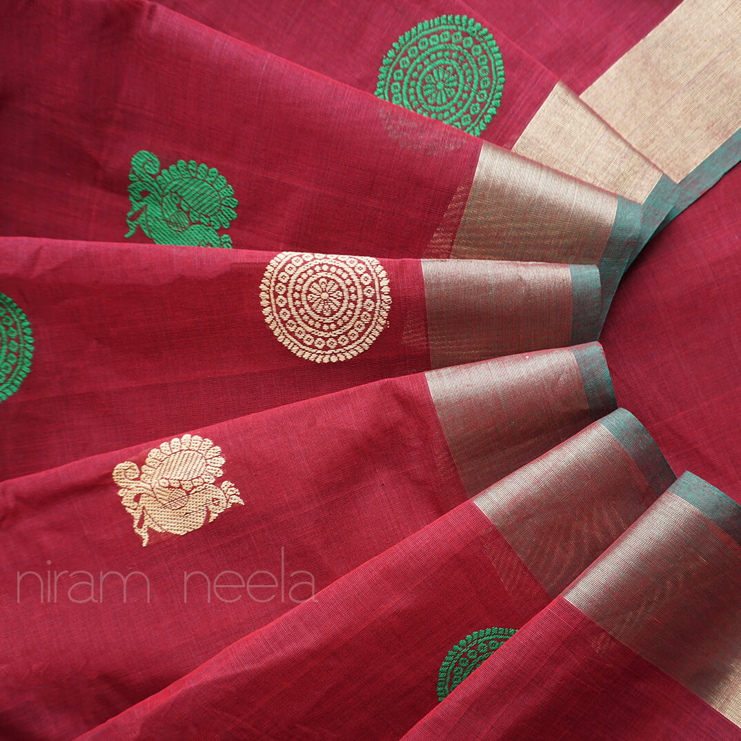 Maroon and green Kanjivaram cotton saree - Niram Neela