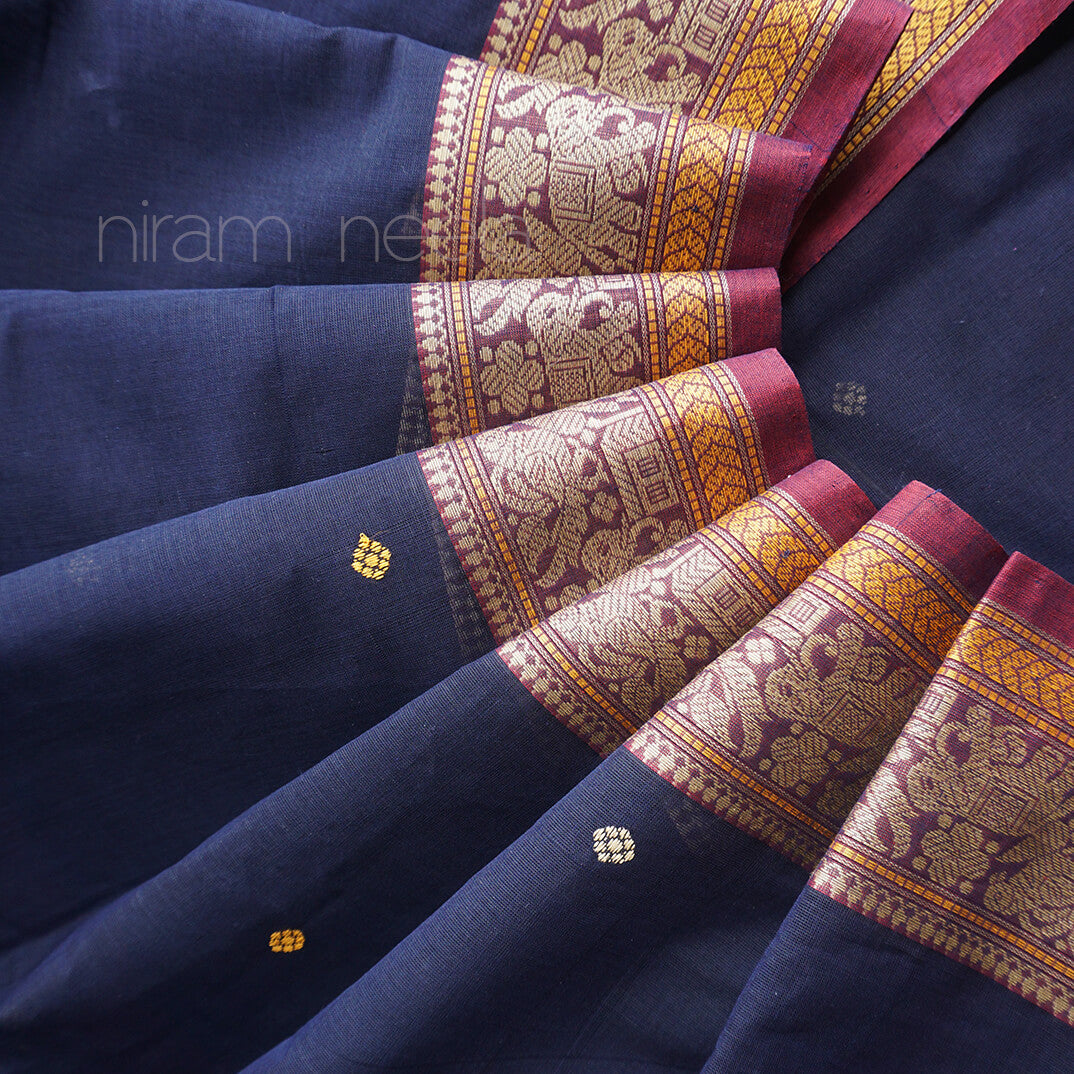 Navy and maroon Kanjivaram cotton saree - Niram Neela