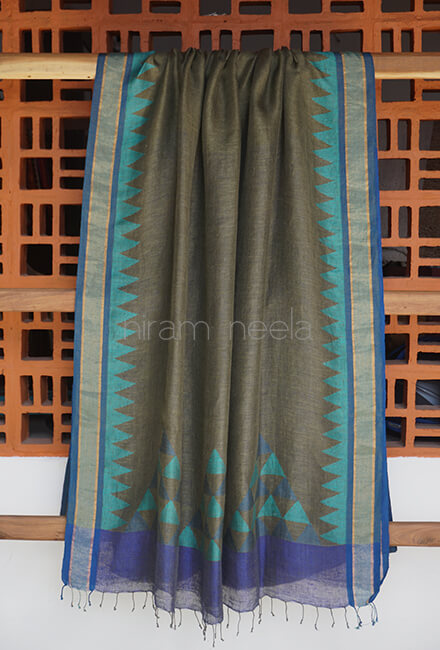 Khaki and blue Bengal linen saree - Niram Neela