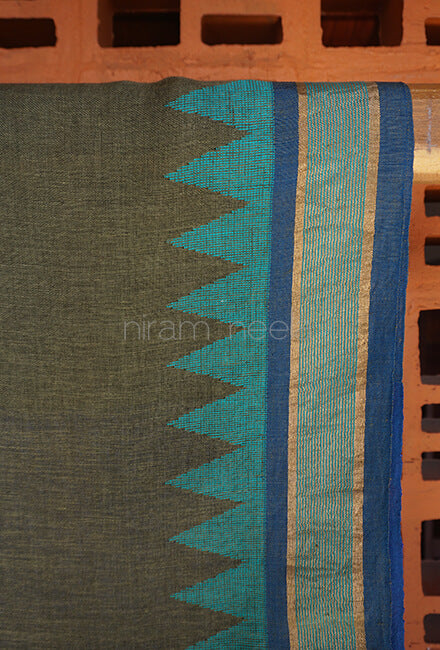 Khaki and blue Bengal linen saree - Niram Neela