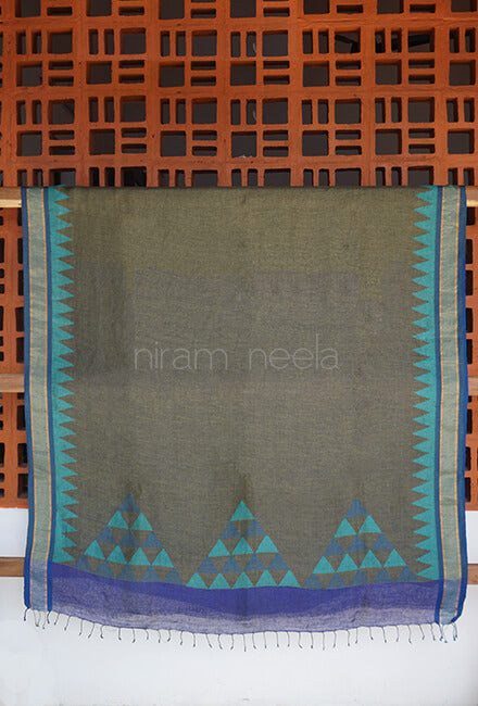 Khaki and blue Bengal linen saree - Niram Neela