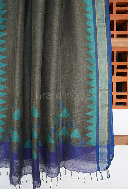 Khaki and blue Bengal linen saree - Niram Neela