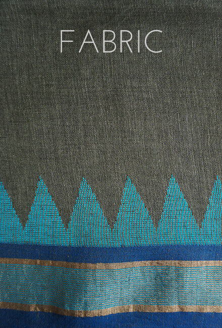 Khaki and blue Bengal linen saree - Niram Neela