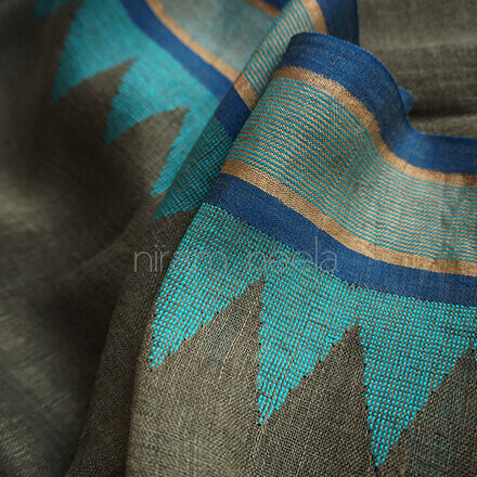 Khaki and blue Bengal linen saree - Niram Neela