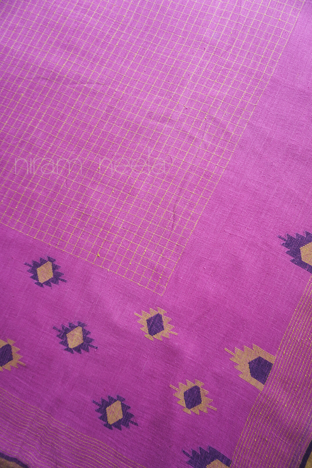 Lavender and yellow Bengal jamdani muslin cotton saree | Niram Neela