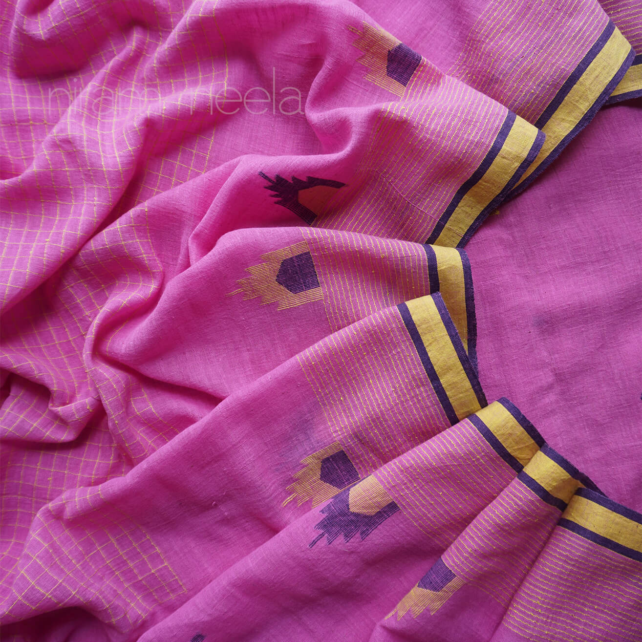 Lavender and yellow Bengal jamdani muslin cotton saree | Niram Neela