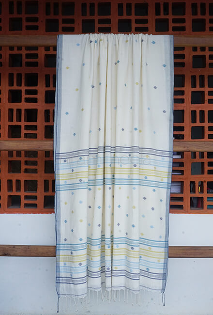 White and blue Bengal jamdani cotton saree - Niram Neela