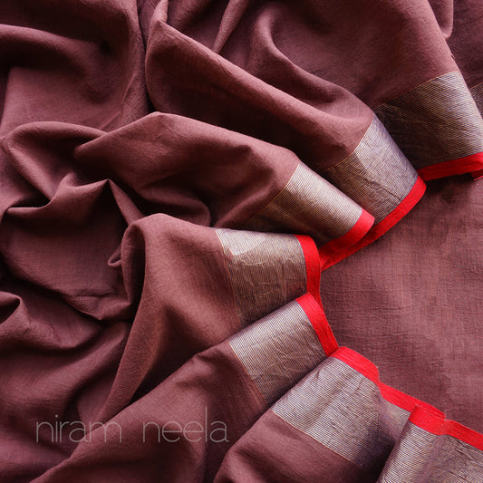 Brown and red Bengal cotton saree - Niram Neela