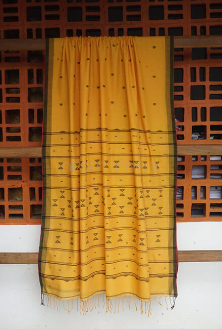 Yellow and black Bengal jamdani cotton saree - Niram Neela