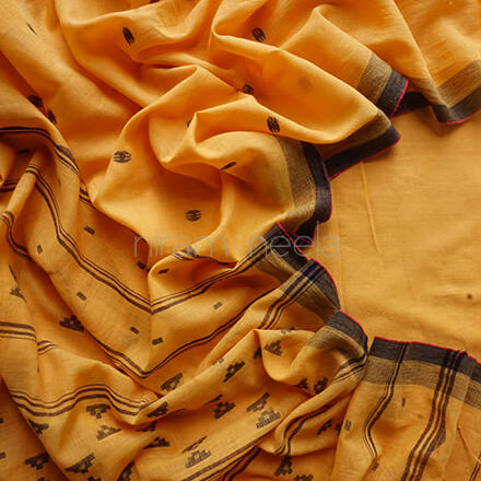 Yellow and black Bengal jamdani cotton saree - Niram Neela