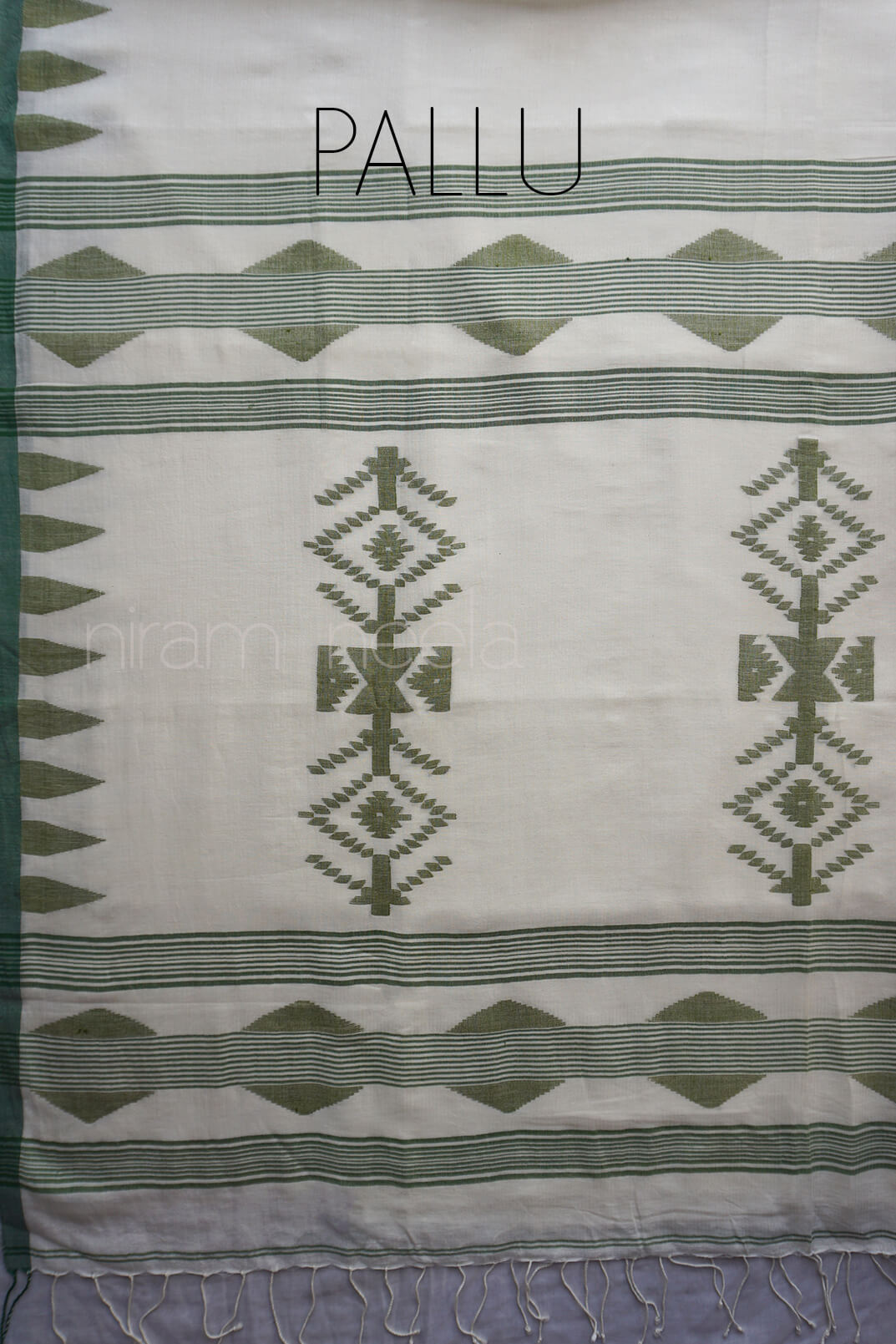 White and green Bengal jamdani silk cotton saree | Niram Neela