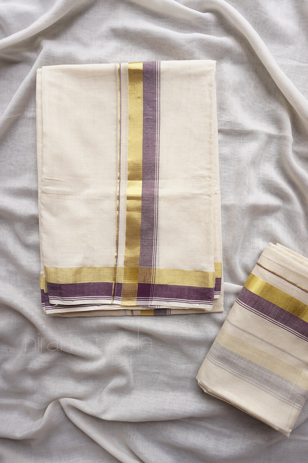 Ivory and aubergine single kasavu set mundu - Niram Neela