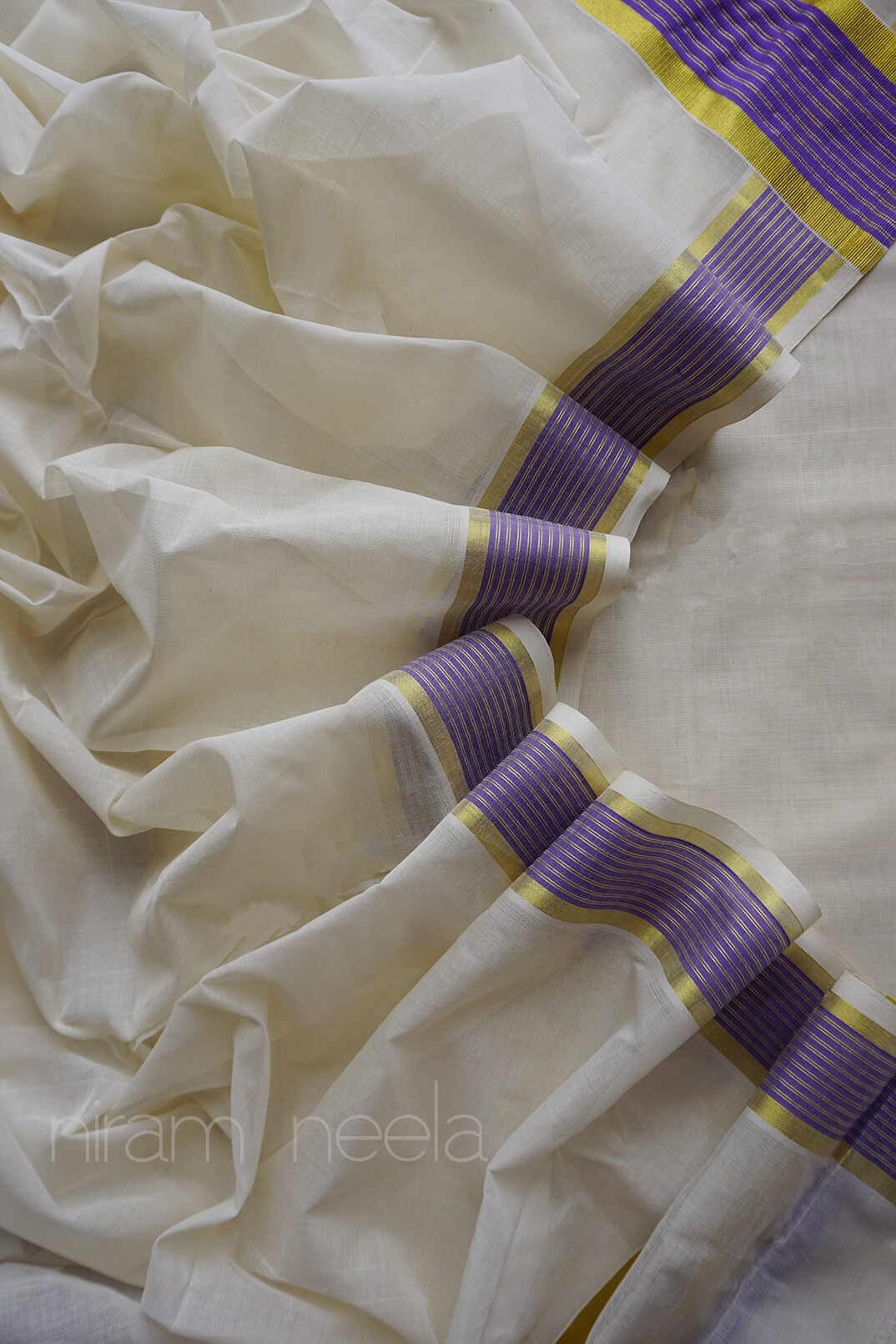 Ivory and violet single set mundu - Niram Neela