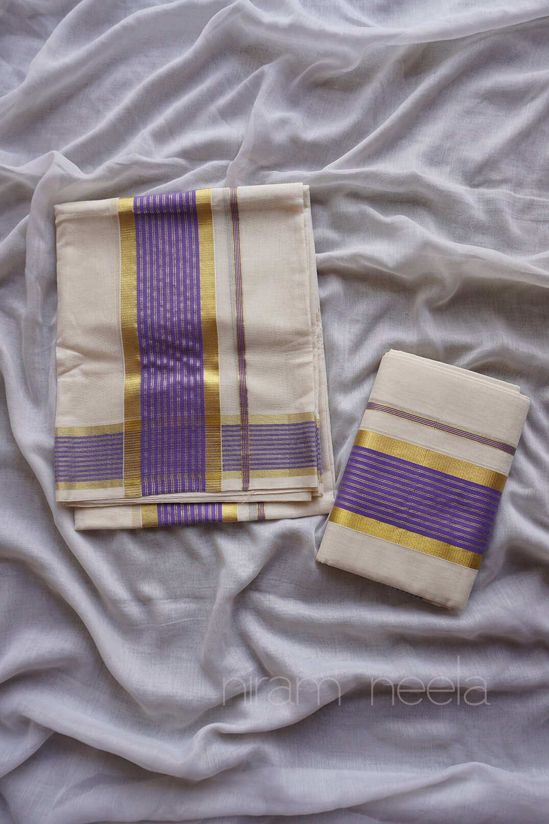 Ivory and violet single set mundu - Niram Neela