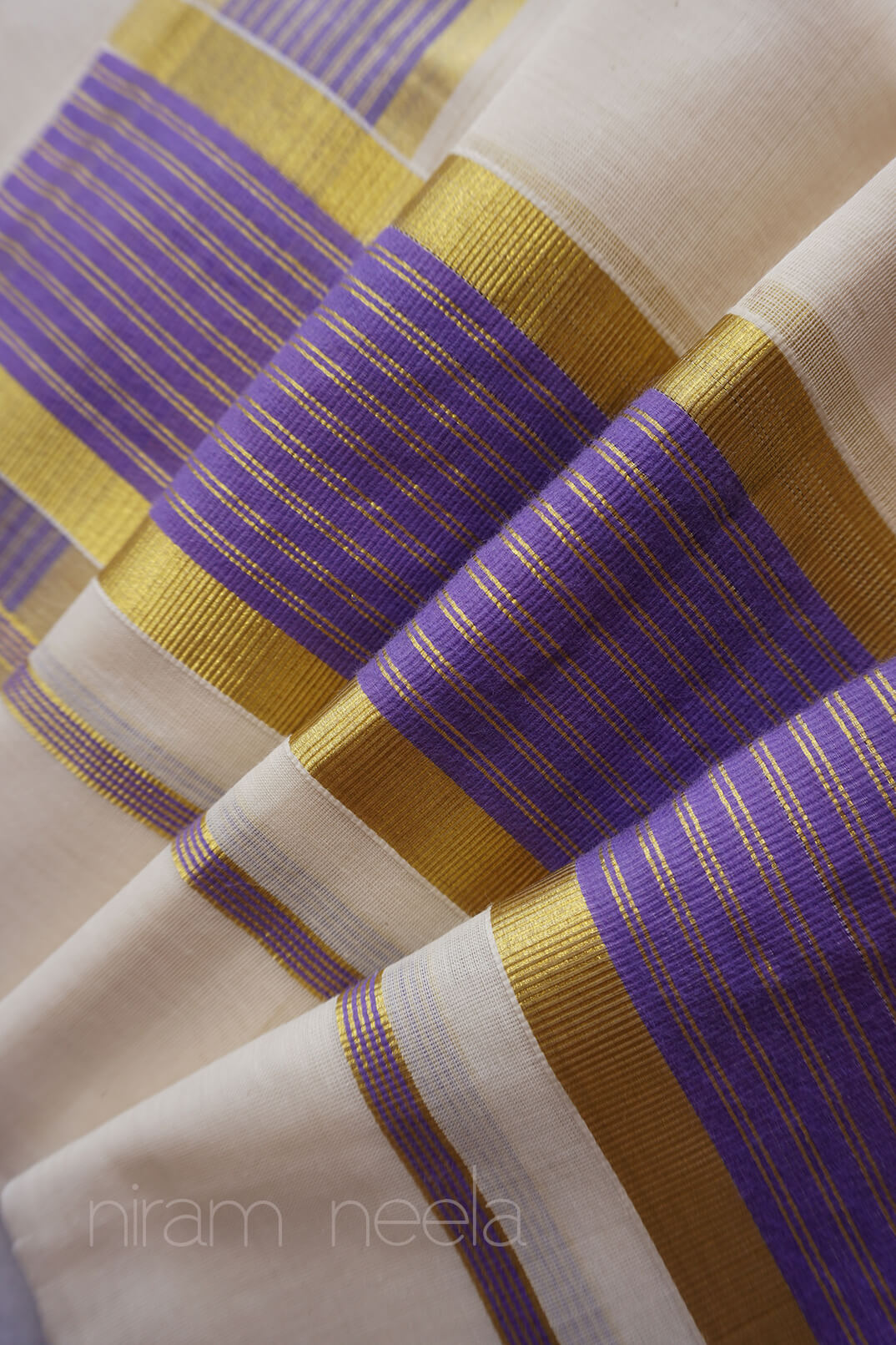 Ivory and violet single set mundu - Niram Neela