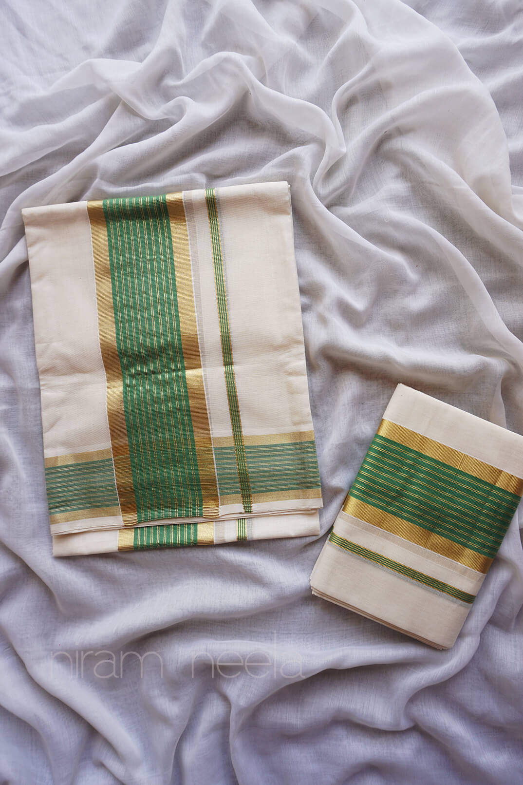 Ivory and green single set mundu - Niram Neela