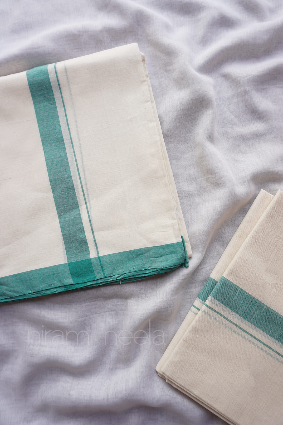 Ivory and teal single set mundu - Niram Neela