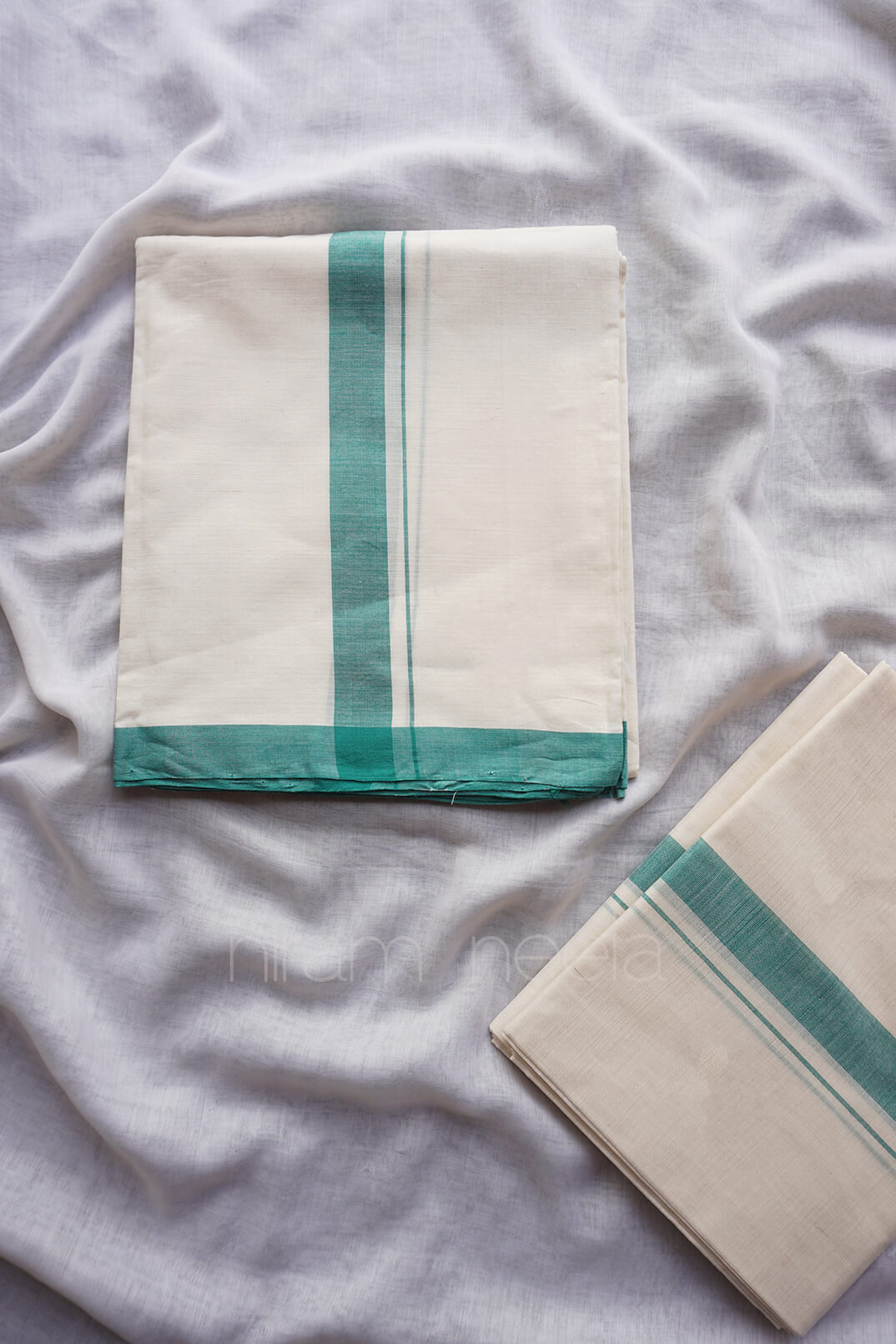 Ivory and teal single set mundu - Niram Neela