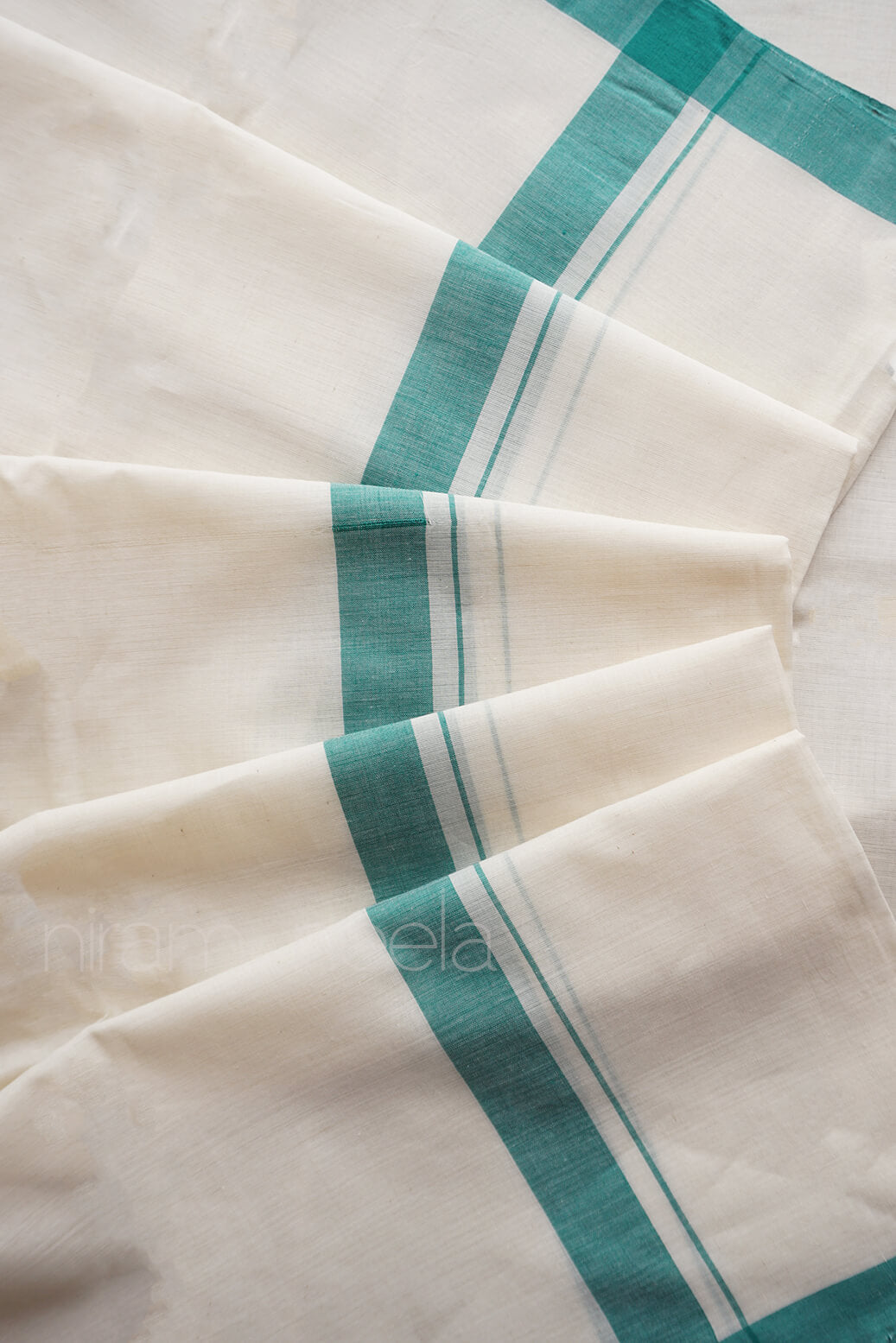 Ivory and teal single set mundu - Niram Neela