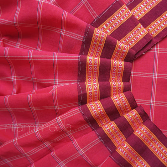 Pink and maroon checkered Santeri Kunbi cotton saree - Niram Neela