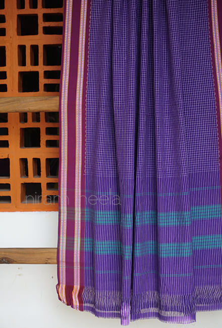 Purple checkered Kunbi cotton saree - Niram Neela