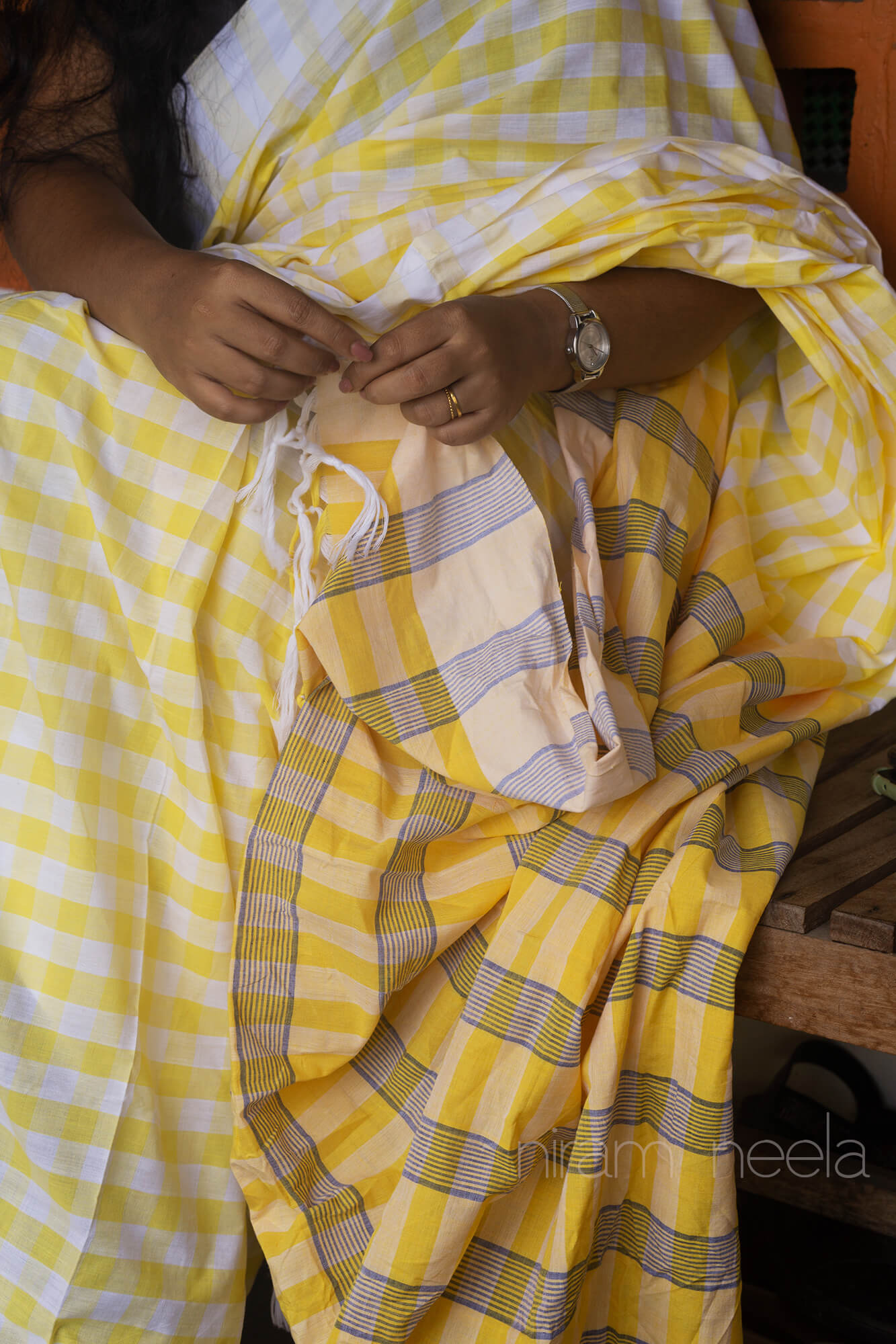 White and yellow checkered Kasaragod cotton saree- - Niram Neela