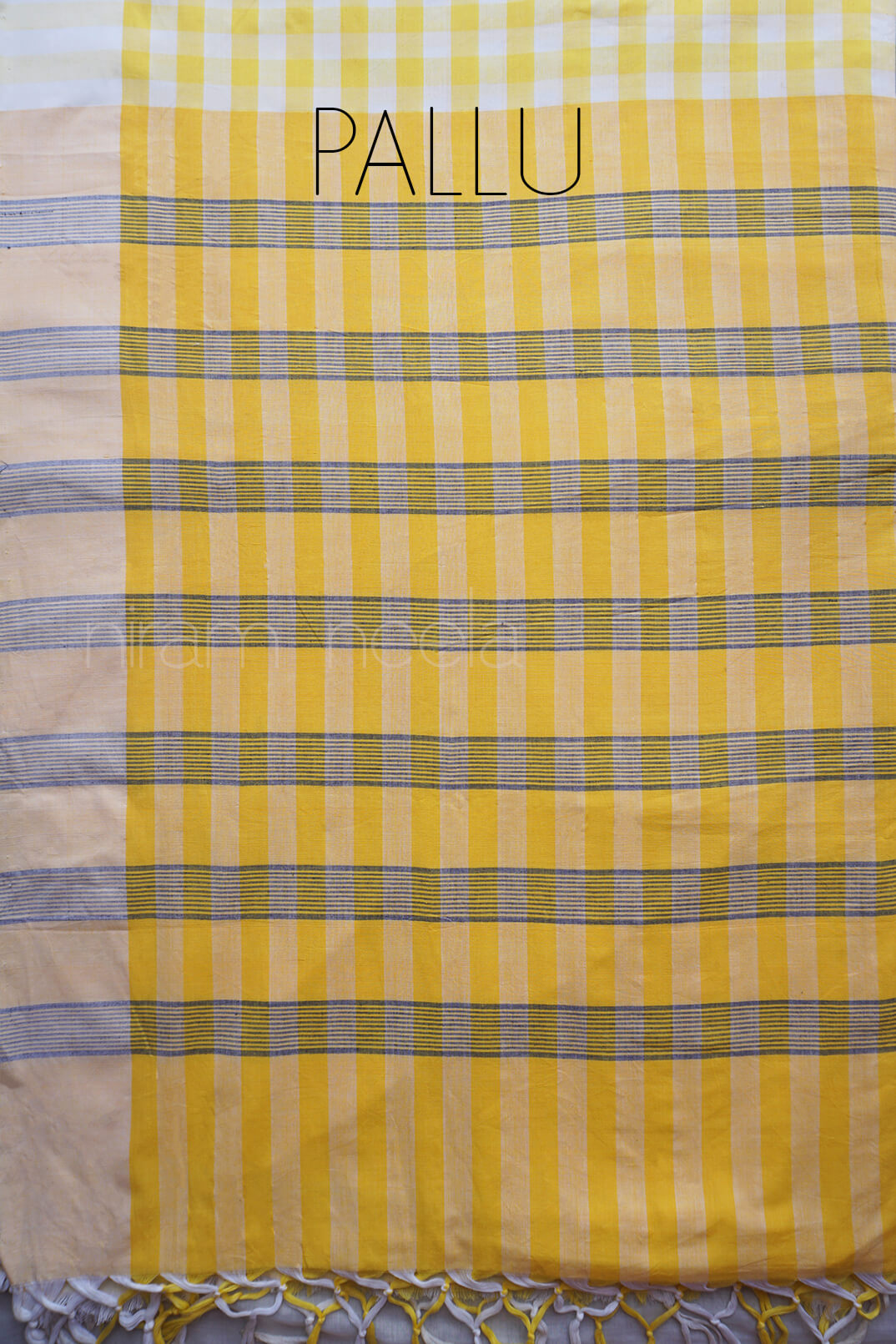 White and yellow checkered Kasaragod cotton saree- - Niram Neela