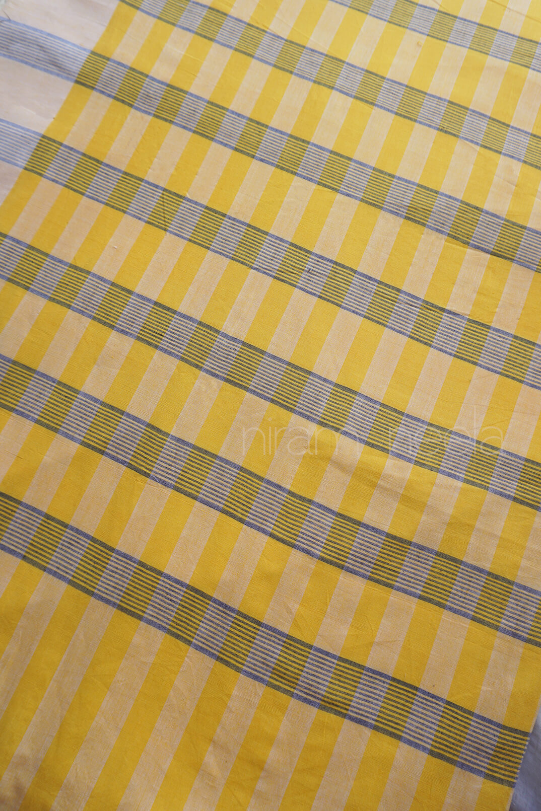 White and yellow checkered Kasaragod cotton saree- - Niram Neela