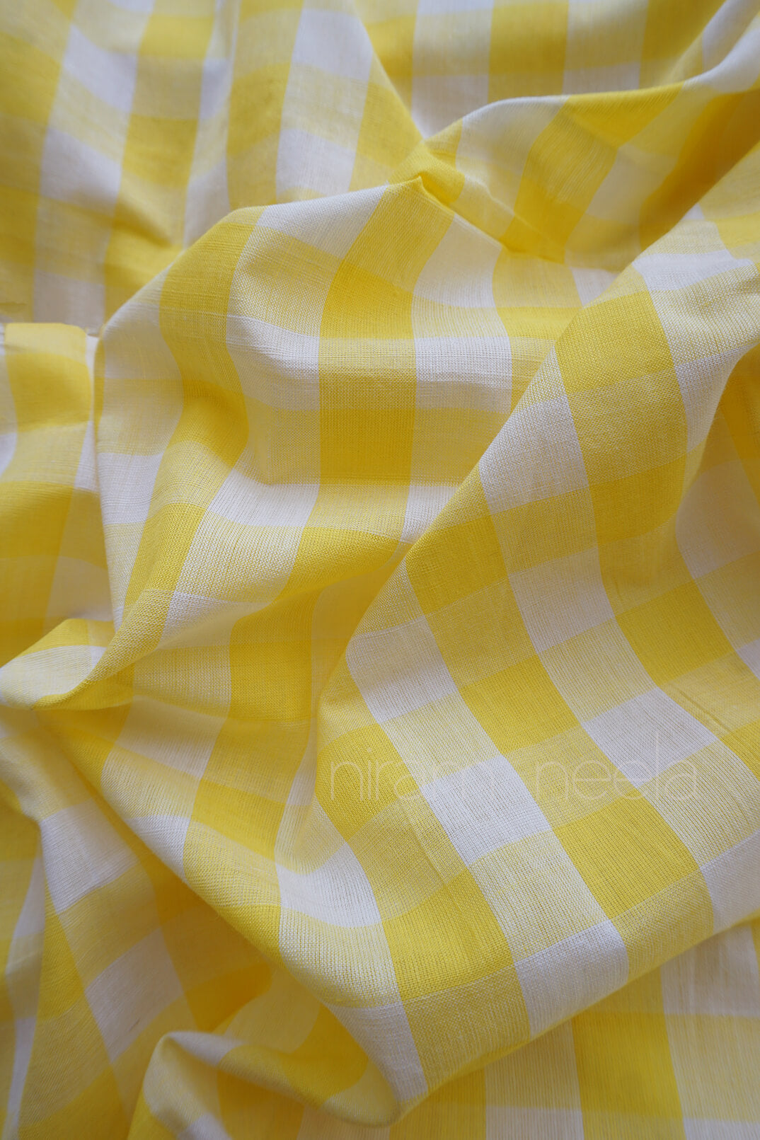 White and yellow checkered Kasaragod cotton saree- - Niram Neela