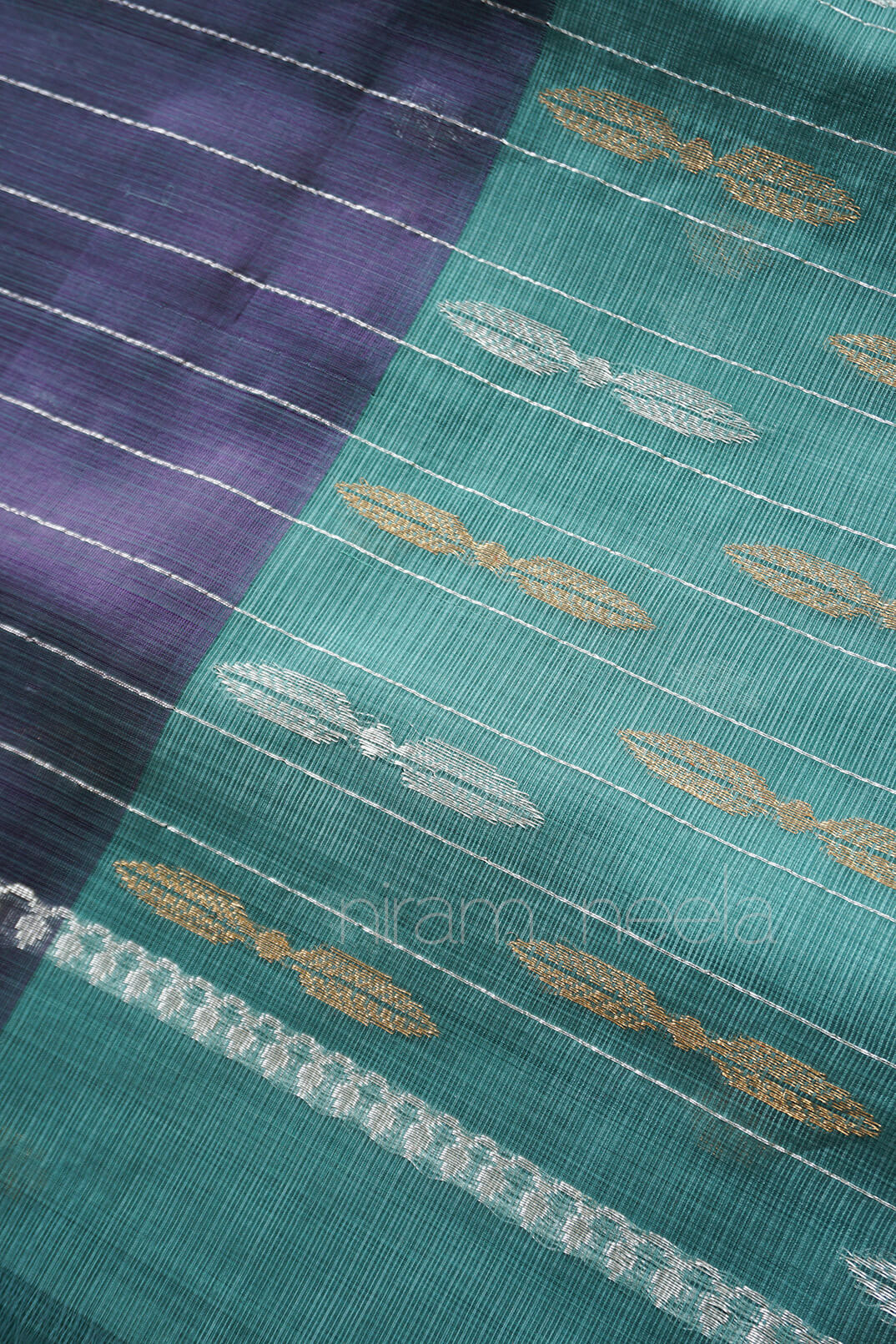 Green and purple Kota silk pure zari saree - Niram Neela