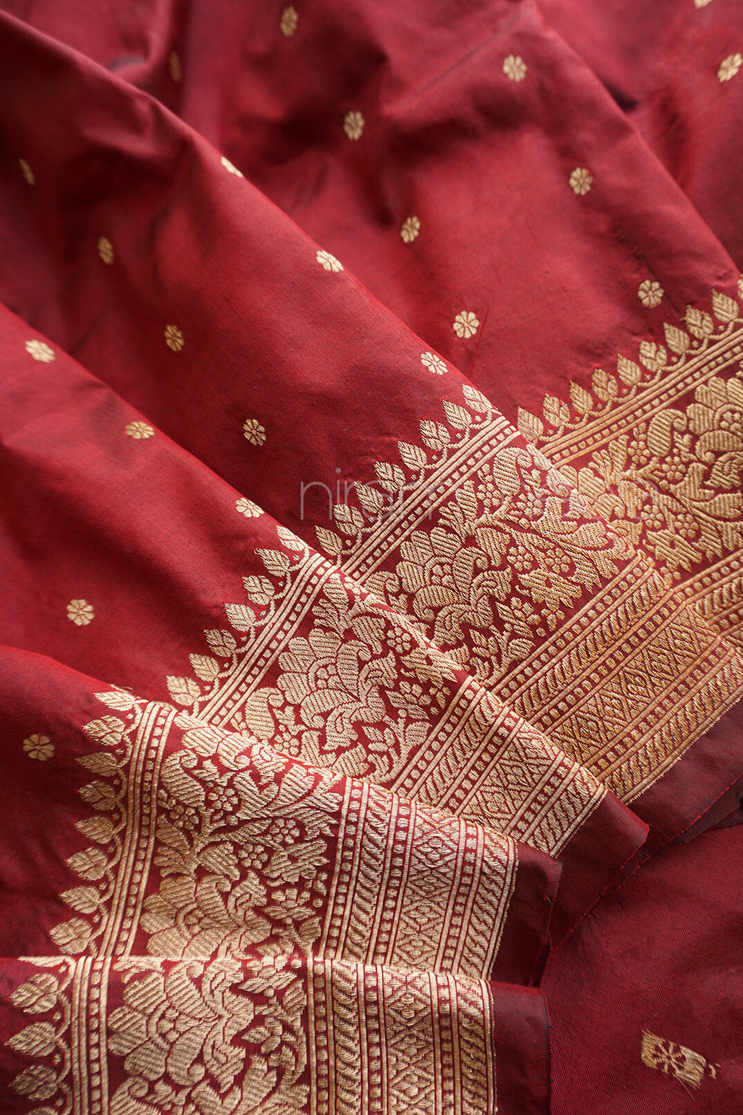 Wine red and gold Banaras Kadhua silk saree