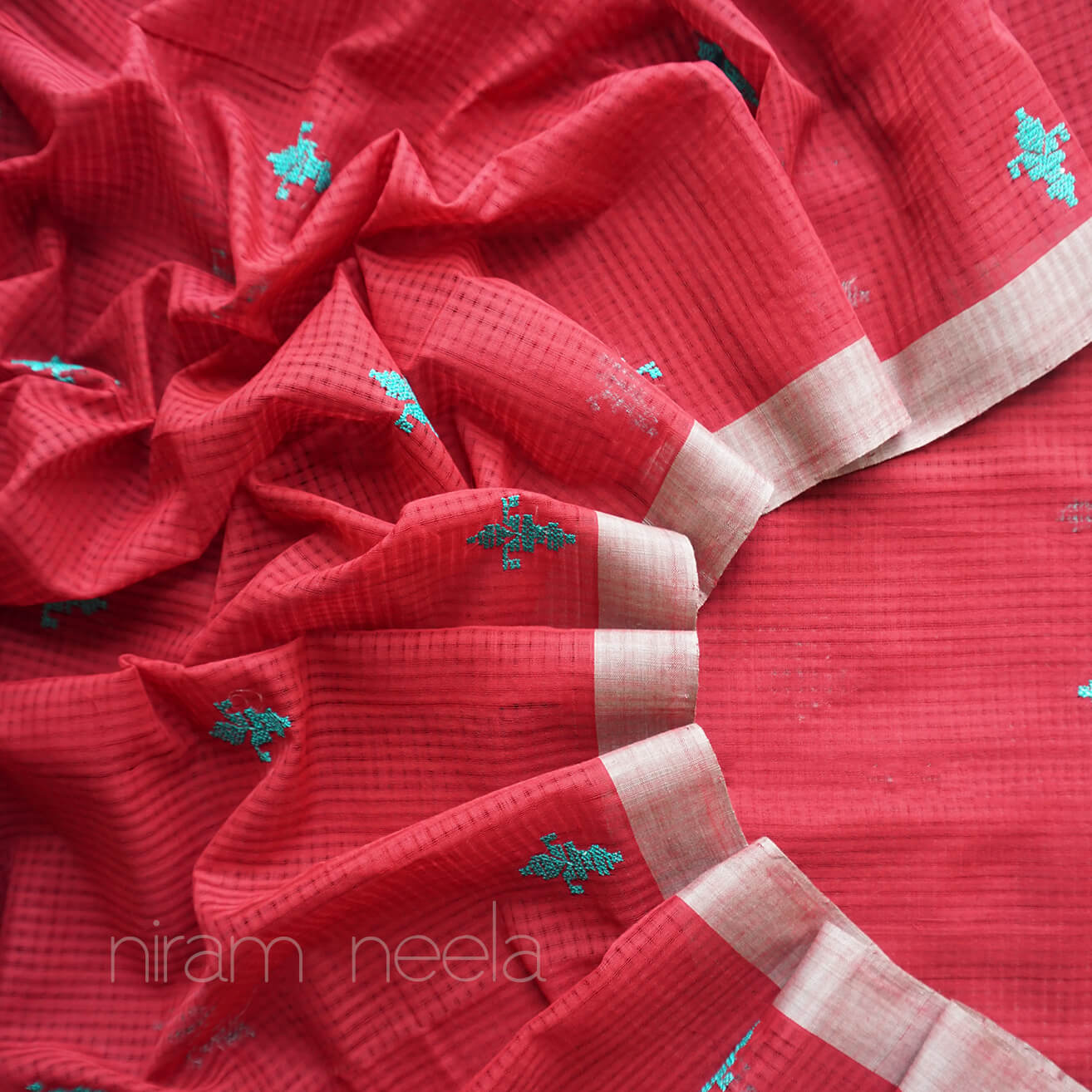 Maroon and teal Mangalagiri cotton saree - Niram Neela