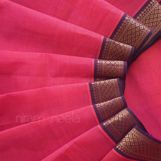 Pink and blue Mangalagiri cotton saree with nizam border | Niram Neela