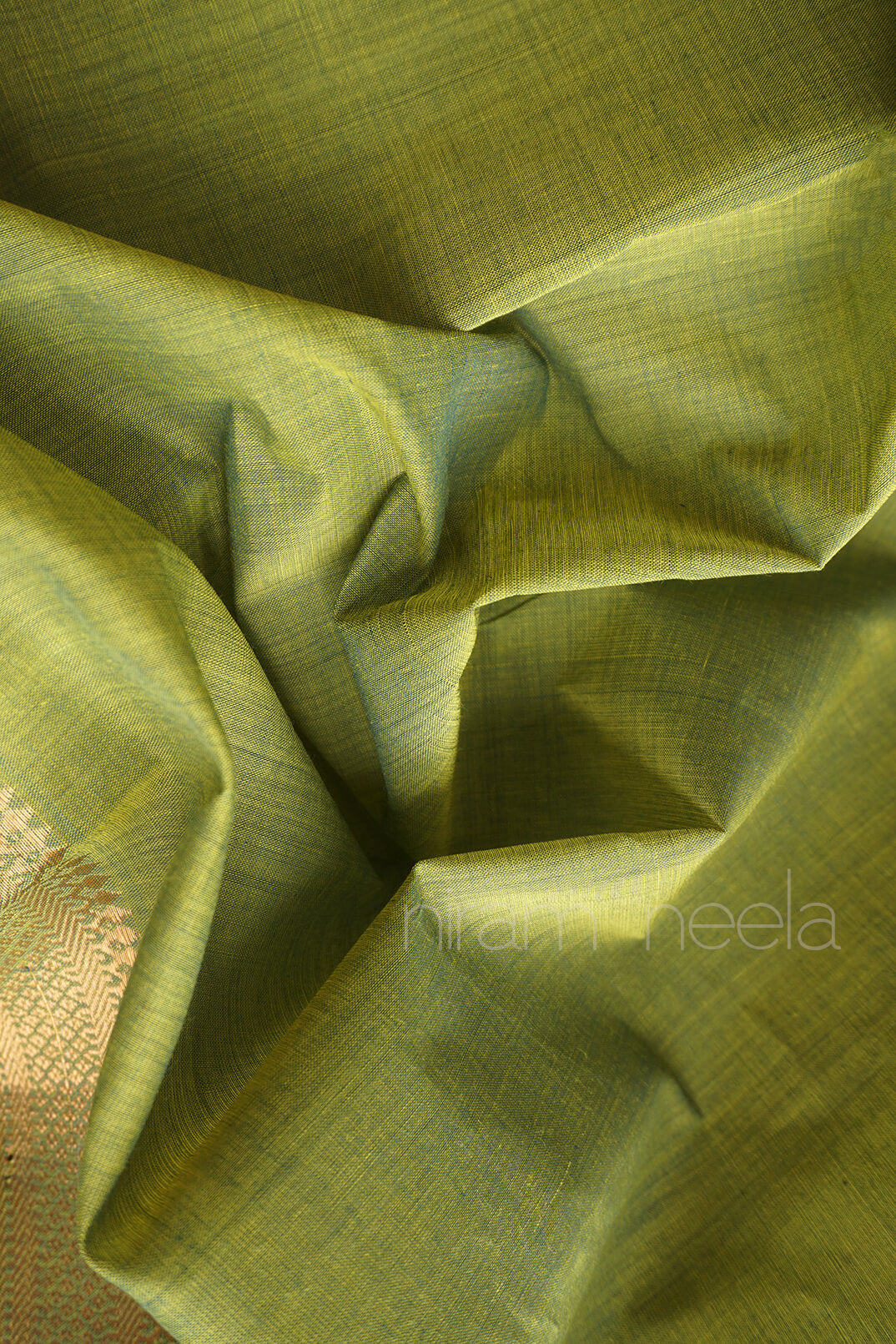 Green and gold Mangalagiri cotton saree with Nizam border | Niram Neela