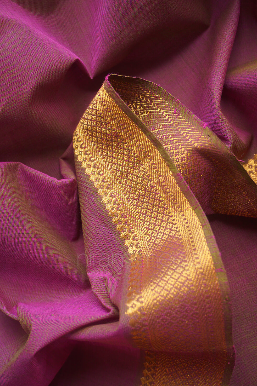 Purple and green Mangalagiri cotton saree with Nizam border from Niram Neela