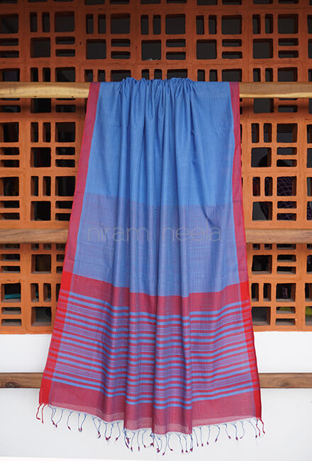 Blue and red Mangalagiri cotton saree - Niram Neela