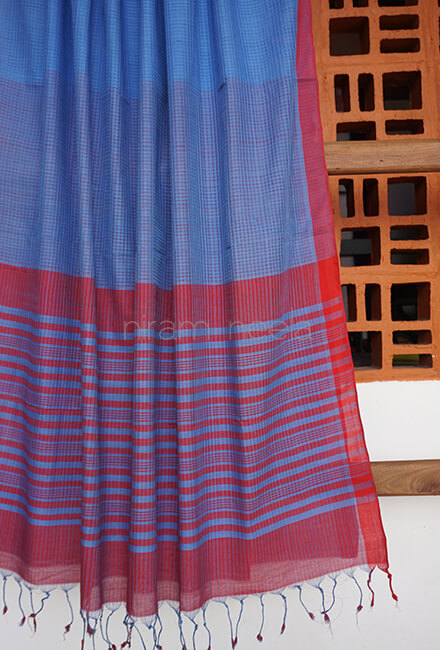 Blue and red Mangalagiri cotton saree - Niram Neela