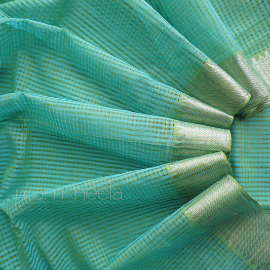 Teal and silver Mangalagiri handloom cotton saree | Niram Neela