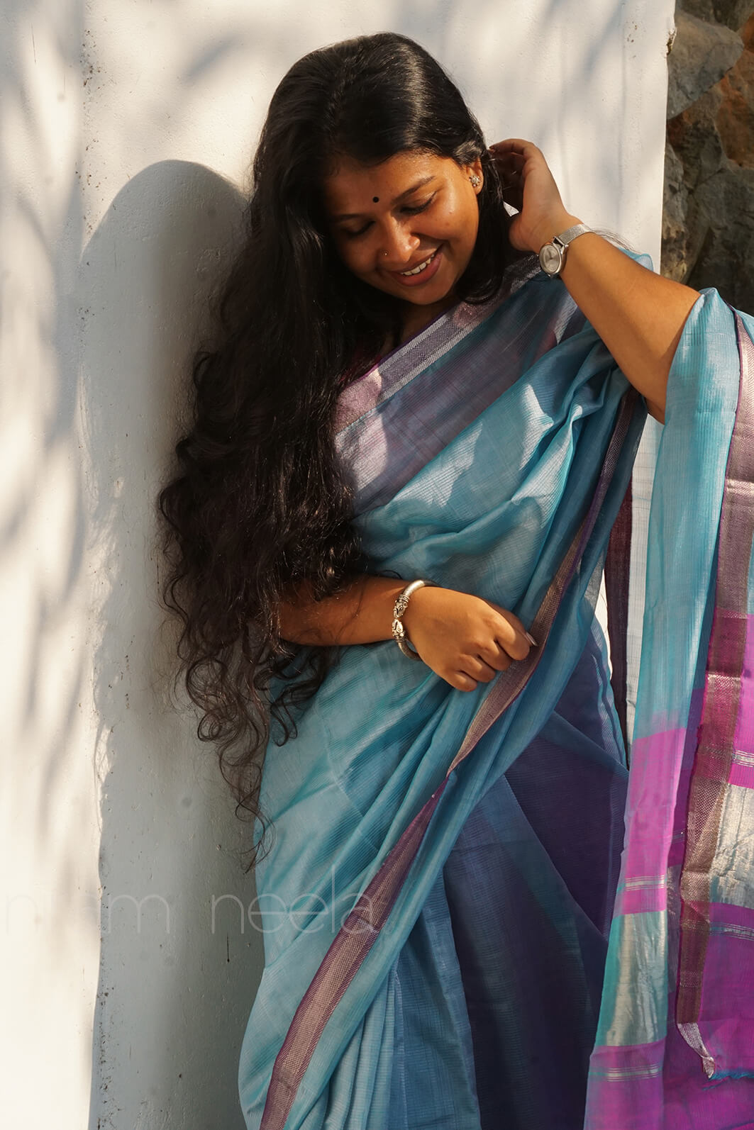 Blue and magenta Mangalagiri silk cotton saree - Niram Neela