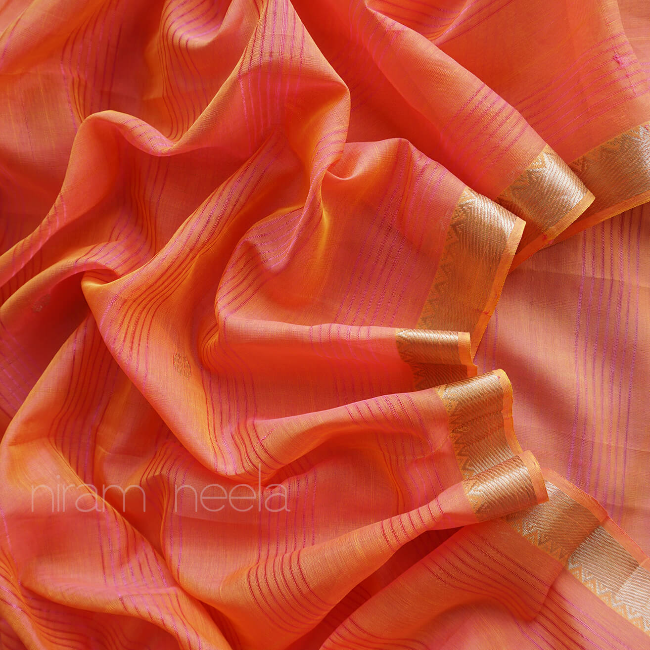 Peach and yellow Mangalagiri silk cotton saree - Niram Neela