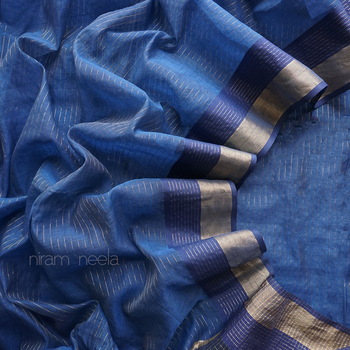 Blue and gold Maheshwari silk cotton saree - Niram Neela