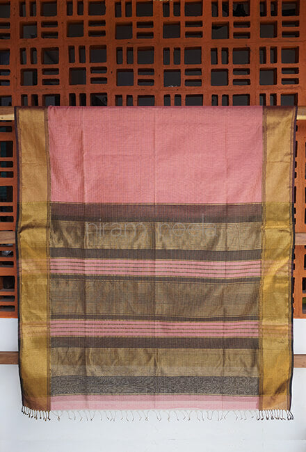 Salmon and black Maheshwari silk cotton tissue saree - Niram Neela