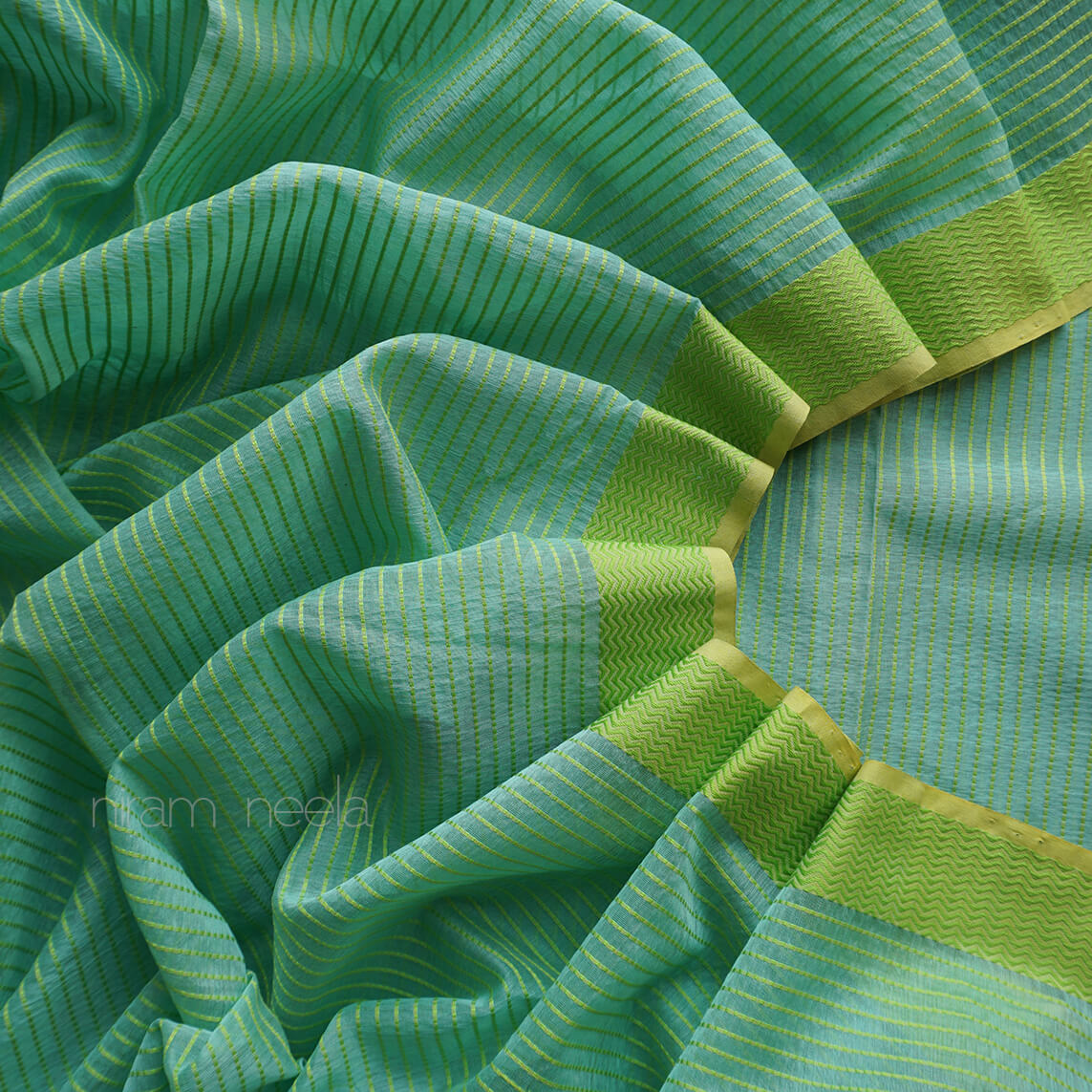 Aquamarine and green Maheshwari silk cotton saree - Niram Neela