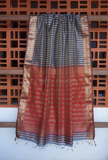 Blue and red Maheshwari silk cotton tissue saree - Niram Neela