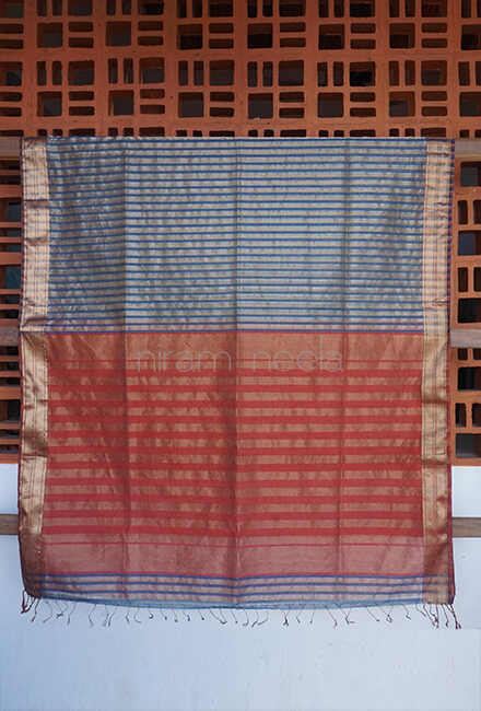 Blue and red Maheshwari silk cotton tissue saree - Niram Neela