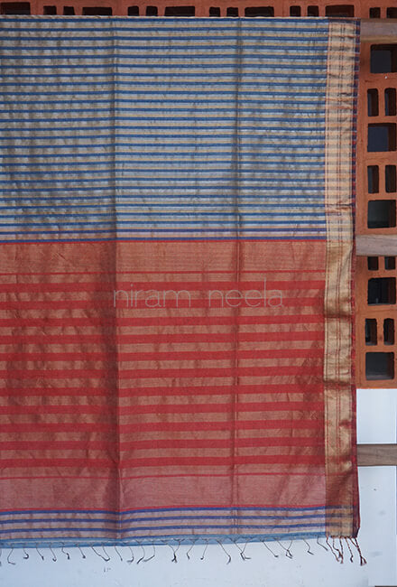 Blue and red Maheshwari silk cotton tissue saree - Niram Neela