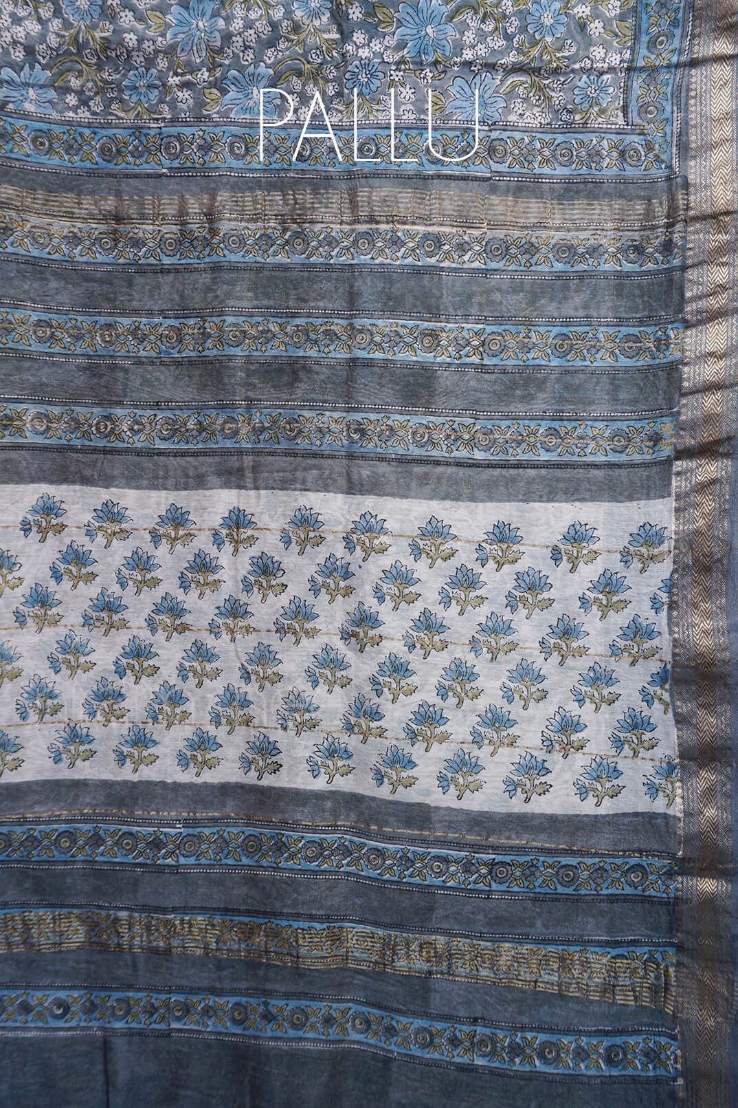 Blue and olive printed Maheshwari silk cotton saree - Niram Neela