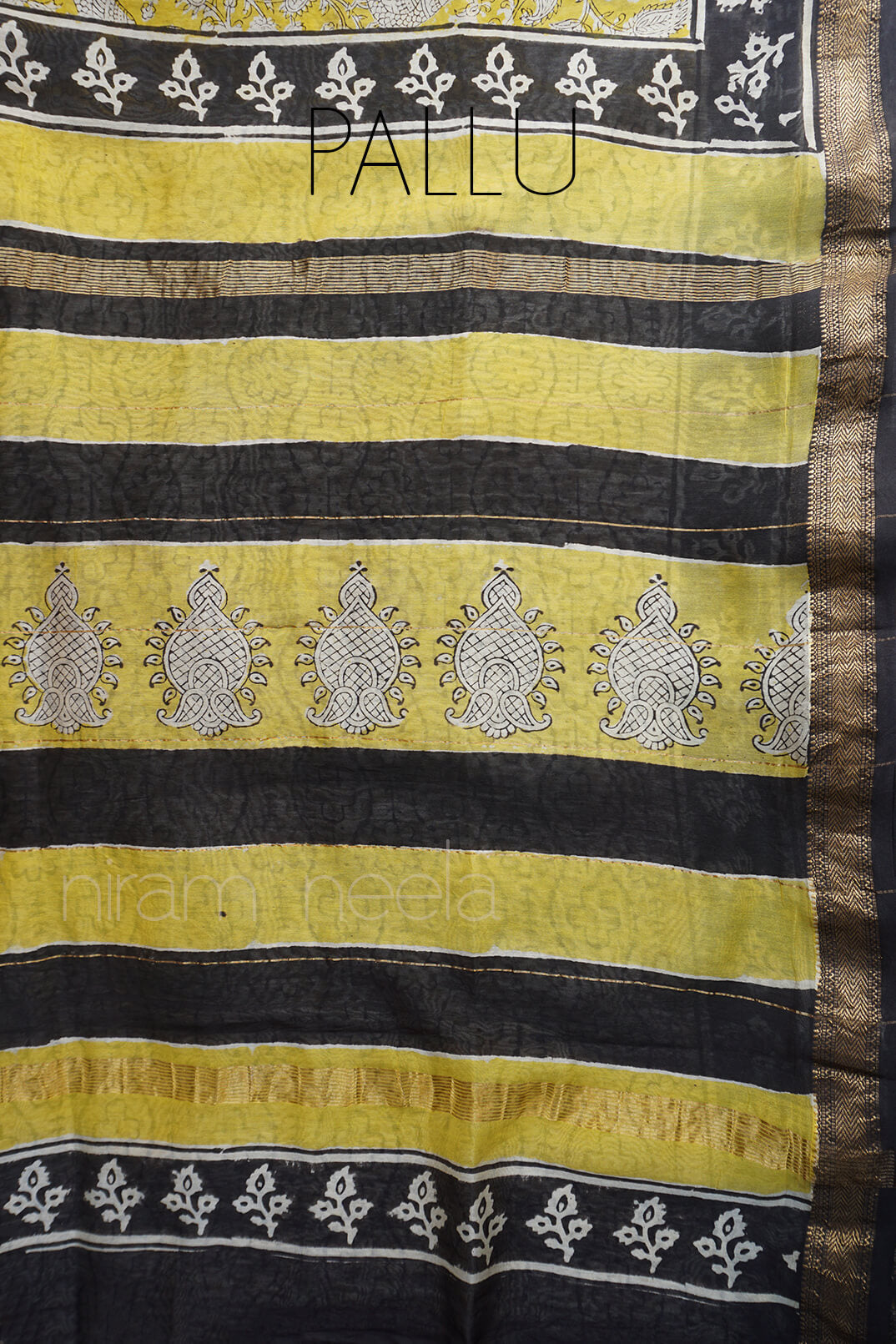 Yellow and black printed Maheshwari silk cotton saree - Niram Neela